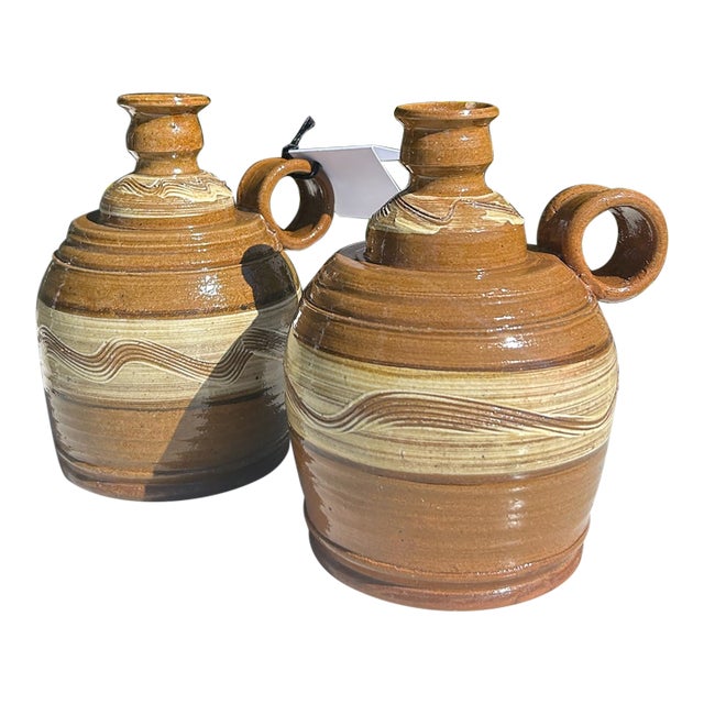 Pair of Vintage Signed Studio Pottery Candlesticks With Handles For Sale