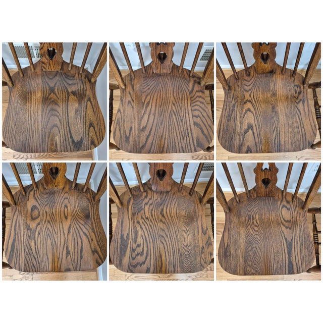 1940s 1940s h.w. Hull & Sons Oak Brace Back Windsor Dining Side Chairs W/ Carved Medallions, Set of 6 For Sale - Image 5 of 13