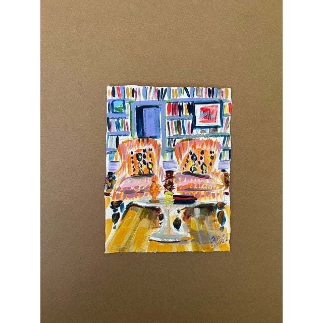 Mid-Century Modern Colorful Painting Tiny Art "Two's Company" by Shann Spishak For Sale - Image 3 of 4