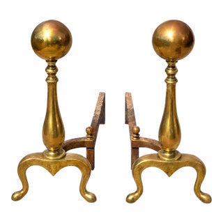 Vintage Colonial Revival Brass Ball-Top Fireplace Andirons – Pair For Sale
