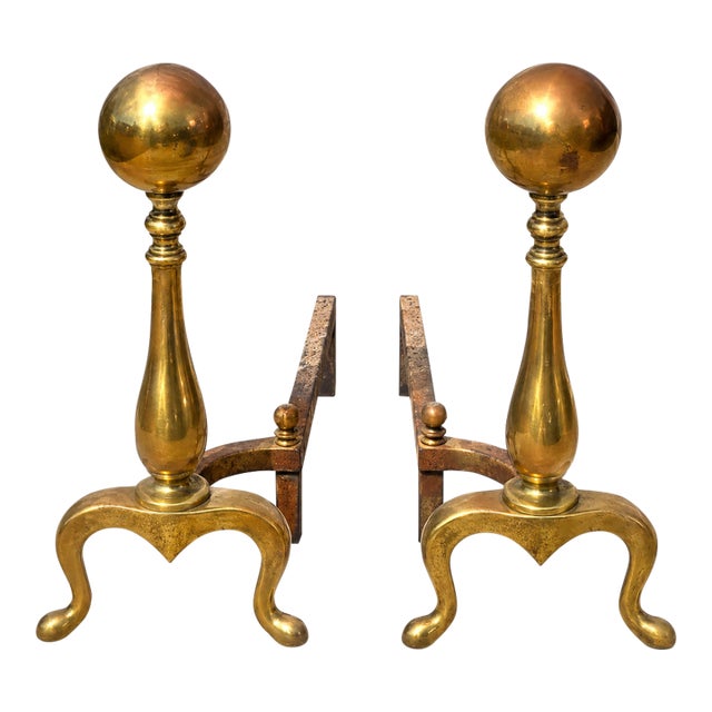 Vintage Colonial Revival Brass Ball-Top Fireplace Andirons – Pair For Sale