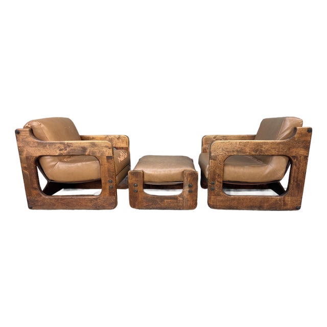 Lou Hodges Style California Rustic Industrial Sling Lounge Chairs Ottoman a Pair For Sale