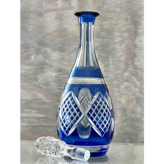 Mid 20th Century Vintage Cobalt Blue Bohemian Styled Decanter Cut to Clear For Sale - Image 5 of 12