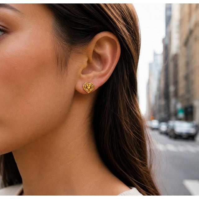Yellow Geometric Heart Citrine Stud Earrings, Silver, Gold, Pair For Sale - Image 8 of 9