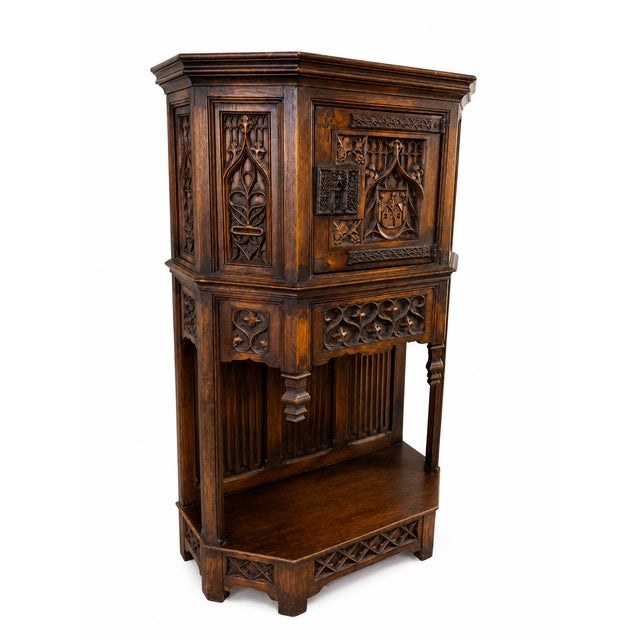 Pair of Antique French Gothic Carved Oak Cabinets With Heraldic Crest Iron Hardware - 2 For Sale In San Diego - Image 6 of 9