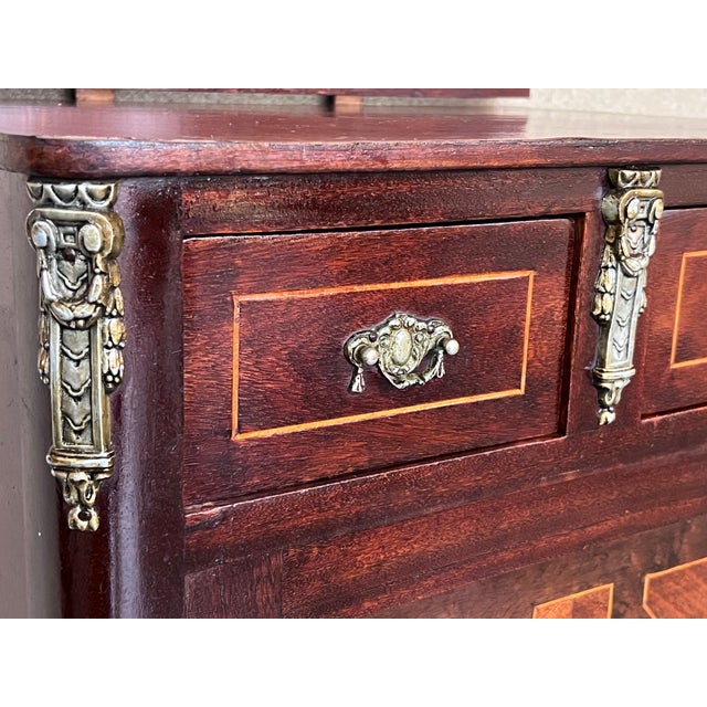 Pair of Italian Marquetry Nightstands With Bronze Crest, Drawers and Doors For Sale - Image 9 of 13