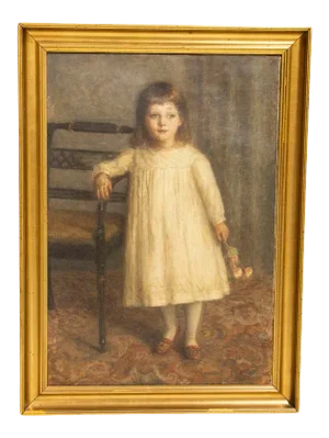 Original Oil on Canvas Portrait of Girl Standing With Bouquet of Flowers by Gustava Emilie Grüner