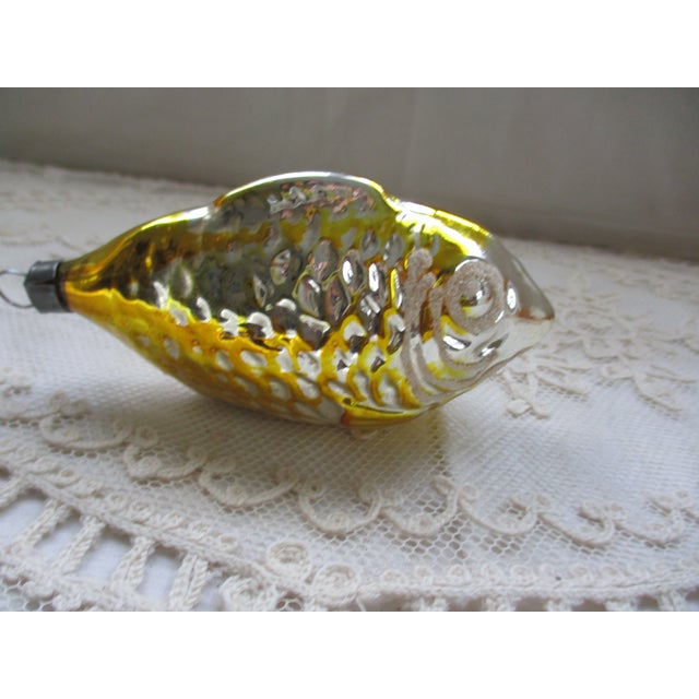Antique Christmas Blown Mercury Glass Yellow With Mica Fish Feather Tree Ornament For Sale - Image 4 of 10
