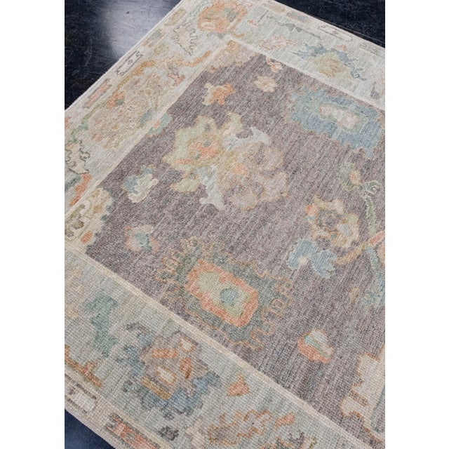 Turkish Oushak Rug Charcoal With Soft Multi Colors Hand-Knotted Wool Rug 5'1" X 6'11" For Sale - Image 4 of 9