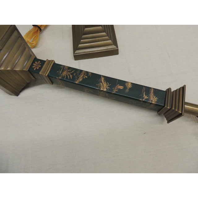 Tall Antique Brass Finished and Hunter Green and Gold Leather Wrapped Table Lamps - a Pair For Sale - Image 4 of 6