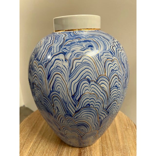 Blue and White Contemporary Wave Ginger Jar | Chairish