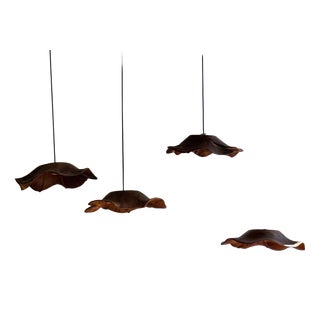 Medium Flat Corrugated Teak Leaf Pendant Light with Floral Stripes, 1980s For Sale