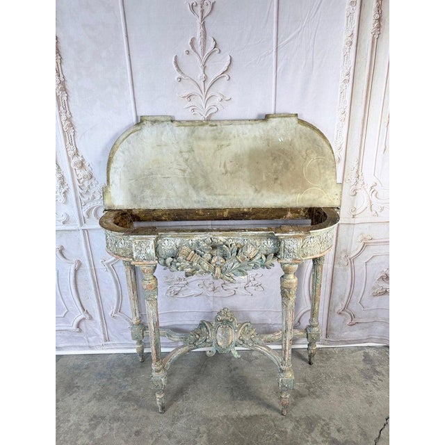French Louis XVI Painted Gesso & Giltwood Console Table With Shaped Marble Top For Sale - Image 14 of 16