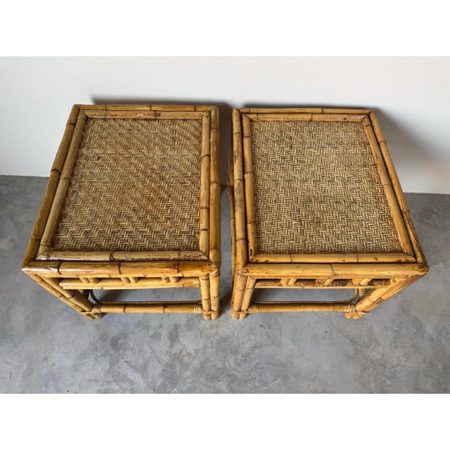 Pair of Vintage Coastal Boho Chic Bamboo Rattan Side Tables/ Sold For Sale - Image 4 of 10
