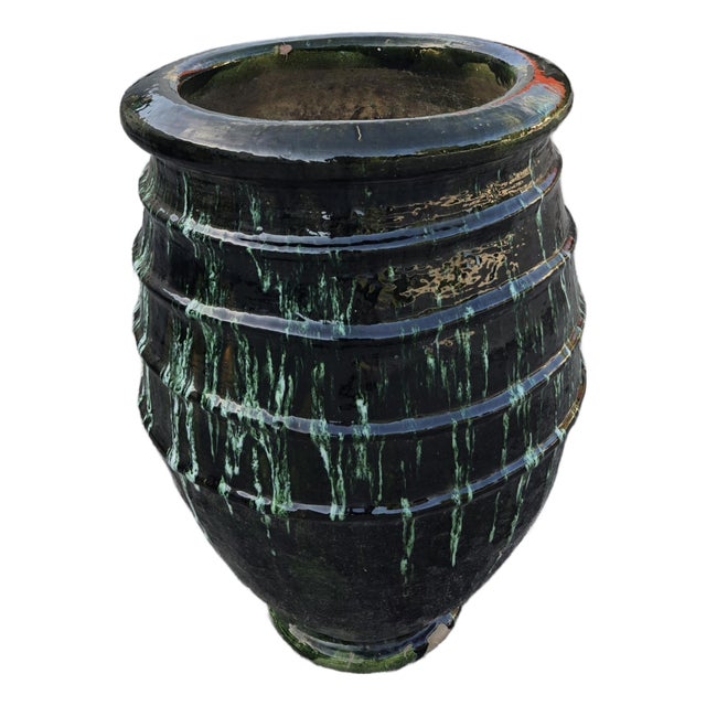 Large Moroccan Green Glazed Pottery Planter / Garden Urn For Sale