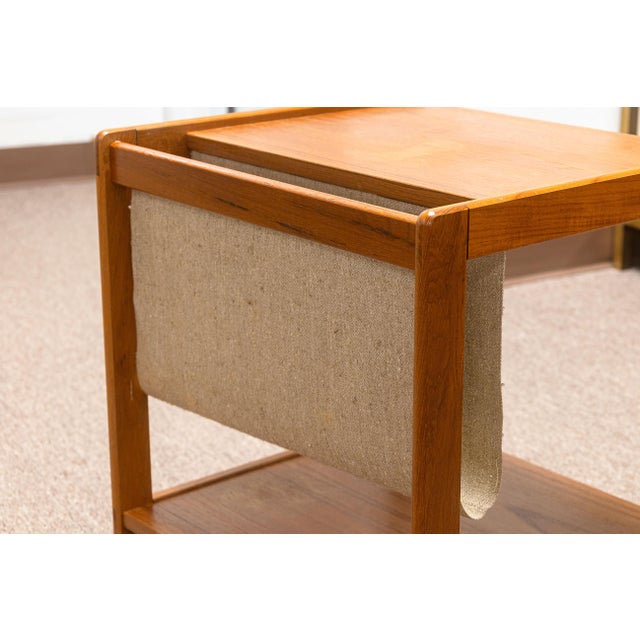 Mid-Century Modern Vintage 1970s Danish FBJ Mobler Teak Side Table W Fabric Magazine Rack & Casters For Sale - Image 3 of 7