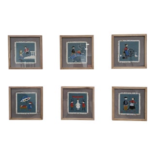 Set of Six Hans Christian Andersen Textile Napkin Artworks by Aase & Preben Jangaard, Framed Danish Mid‑Century For Sale