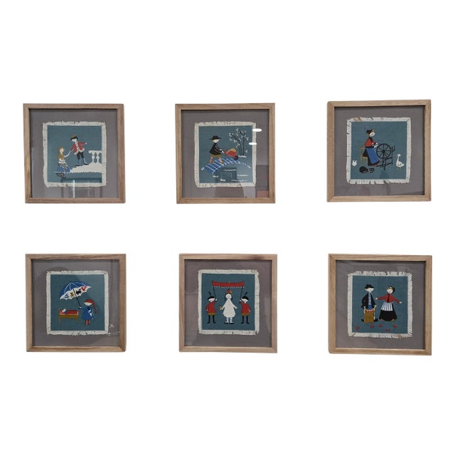 Set of Six Hans Christian Andersen Textile Napkin Artworks by Aase & Preben Jangaard, Framed Danish Mid‑Century For Sale