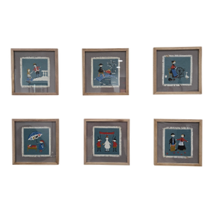 Set of Six Hans Christian Andersen Textile Napkin Artworks by Aase & Preben Jangaard, Framed Danish Mid‑Century