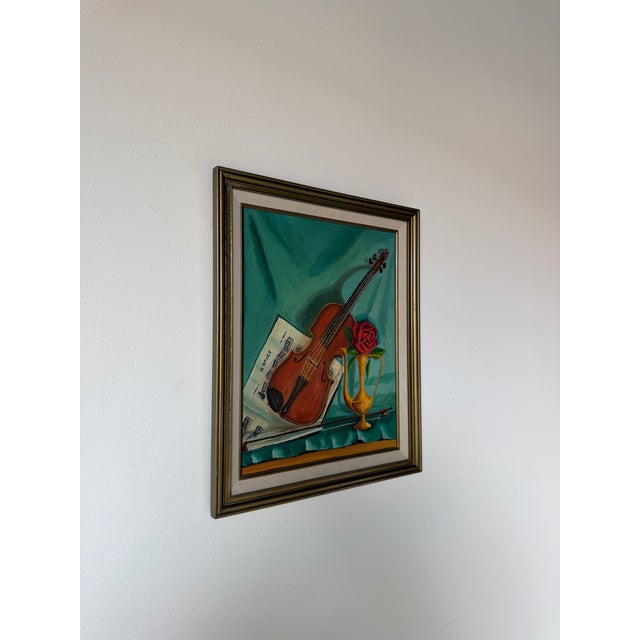 1960's Mid-Century G. Koloff Violin & Rose Still Life Painting – Framed For Sale - Image 4 of 12