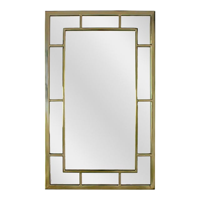 Late 20th Century Modern Large Rectangular Wall Mirror W/Brass Windowpane Frame For Sale