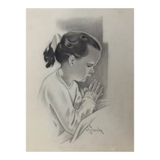 1940s Original Signed Graphite Illustration of Praying Young Girl, 11.5 × 8.75 In. For Sale