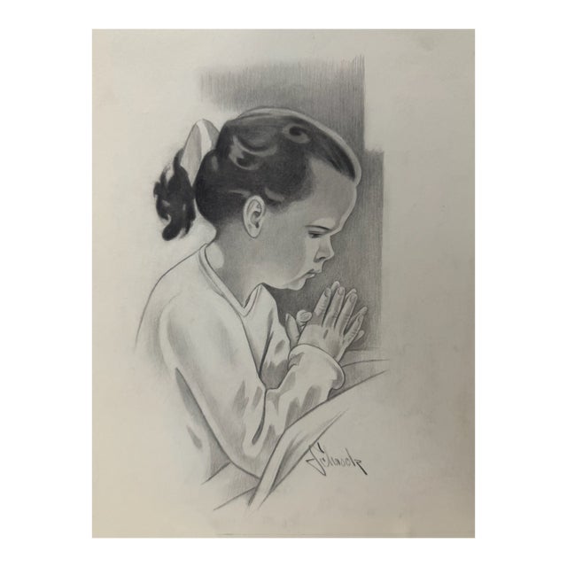 1940s Original Signed Graphite Illustration of Praying Young Girl, 11.5 × 8.75 In. For Sale