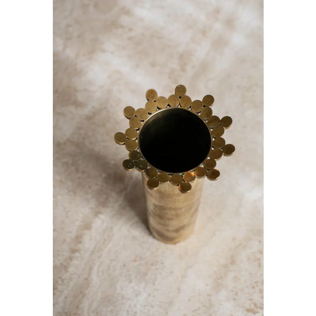 Rare early vase by Pierre Forssell produced by Skultuna Sweden, 1950s brass, engraved in Swedish DIMENSIONS 9 h x 2.5...