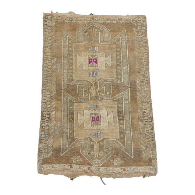 Vintage Turkish Kars Rug | Warm Beige & Brown With Large Medallions | 7x10 For Sale