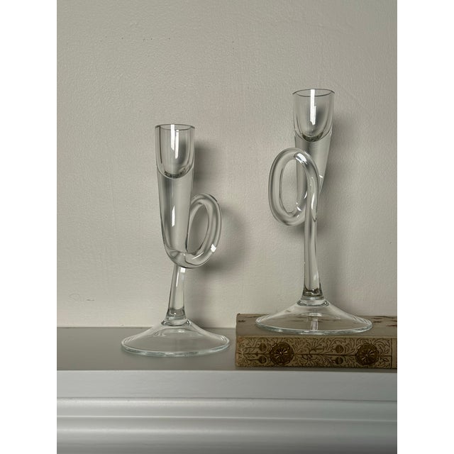 Contemporary Vintage Abstract Modern Clear Glass Candlesticks, a Pair For Sale - Image 3 of 12