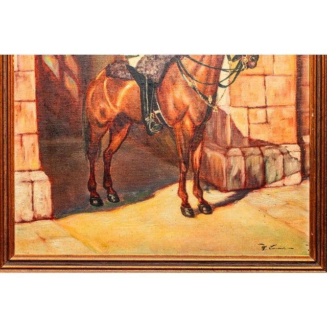 1930s Stately Ceremonial Guard British Military Soldier on Horse Royal Mews Oil Painting Art Home Wall Decor For Sale - Image 11 of 14