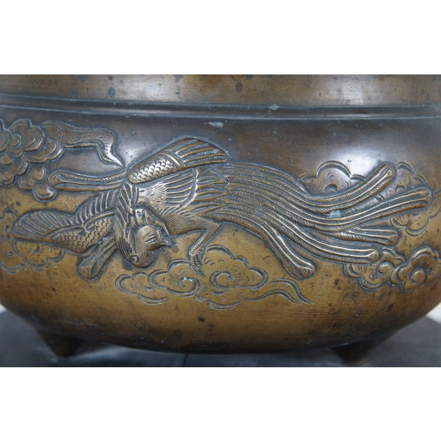 Bronze Antique Chinese Bronze Phoenix Dragon Tropod Censer Bowl Incense Burner For Sale - Image 8 of 12