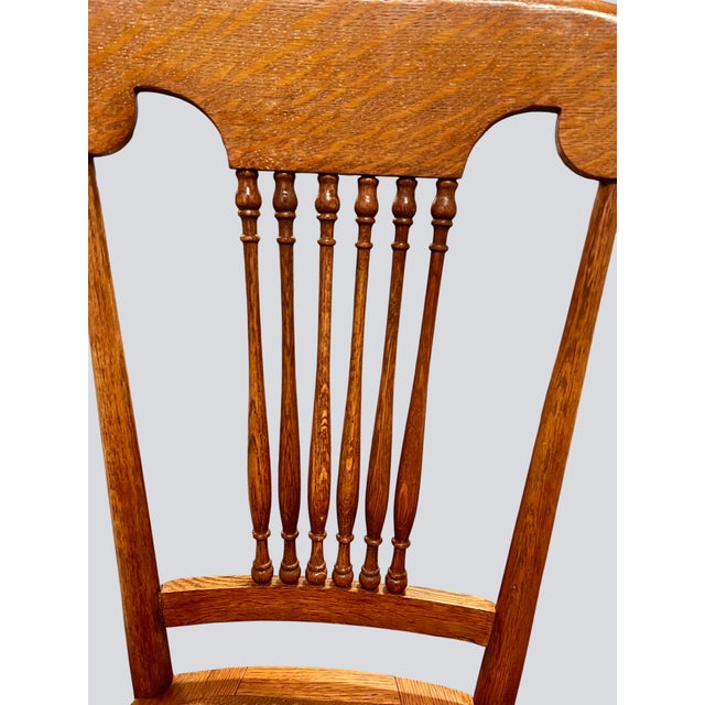 Antique Oak Spindle Chairs-Tooled Leather Seats-1900s Restored-Farmhouse-Rustic For Sale - Image 6 of 11