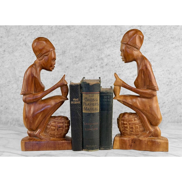 Vintage African Mahogany Carved Figural Women Bookends, A Pair, c. Mid 20th Century - Pairs Nicely with Many Traditional &...