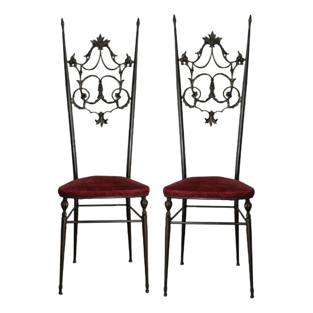 Set of Hollywood Regency Style Brass & Velvet Chiavarine Side Chairs For Sale