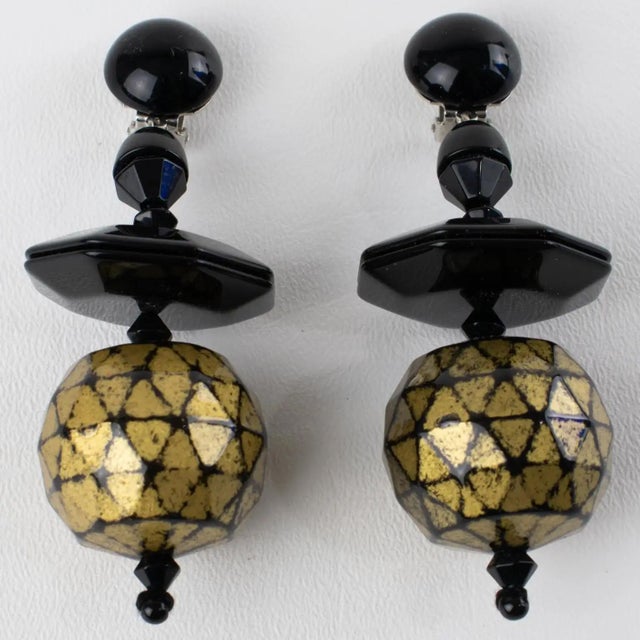 Angela Caputi Angela Caputi Black and Gold Resin Dangle Clip-on Earrings For Sale - Image 4 of 8