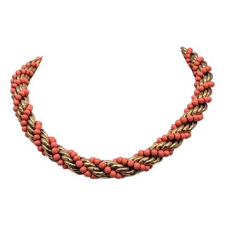 Vintage 1950s Signed Napier Goldtone Spiral Faux-Coral Beaded Collar Necklace For Sale