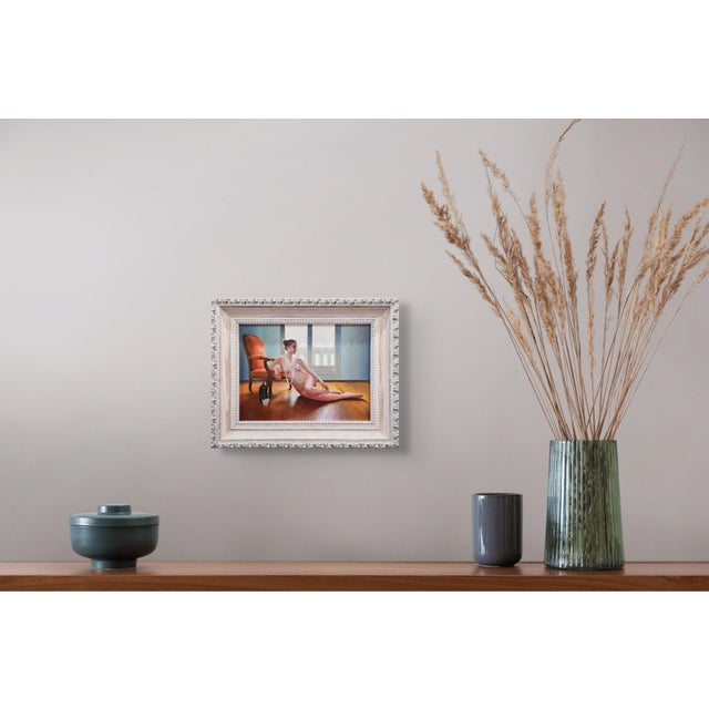 The Orange Voltaire I by Linda Delahaye | Oil on panel Nude woman lounging beside an orange chair. For Sale - Image 4 of 5