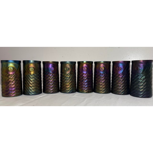 Glass 1990s John Cook Koi Fish Iridescent Cobalt Glass Tumbler Cup - Lot of 8 For Sale - Image 7 of 15