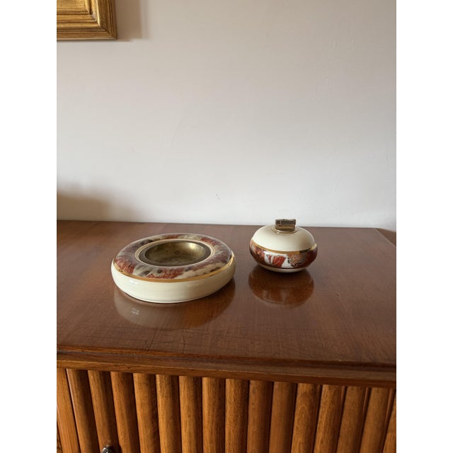 Table top smoking set, ceramic ashtray and table lighter, marble effect tommaso barbi, b ceramiche italy 1970 brass,...