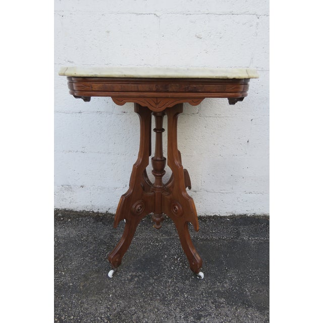 Late 1800s Victorian Eastlake Marble Top Carved Side Table 6295 For Sale - Image 13 of 17