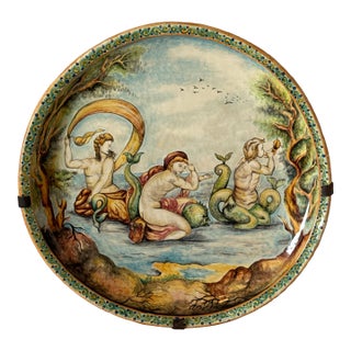 Large Late 20th Century Hand-Painted Mayolica Wall Plate From Sta. Rosa, Guanajuato, Mexico – Mythological Sea Creatures For Sale