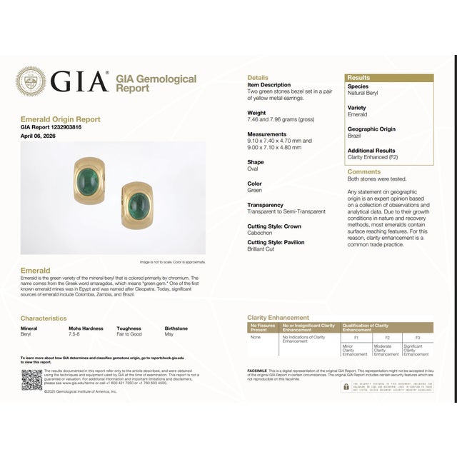Green Vintage Gia 4.70 Carat Emerald 18k Yellow Gold Hoop Earrings, A Pair For Sale - Image 8 of 9