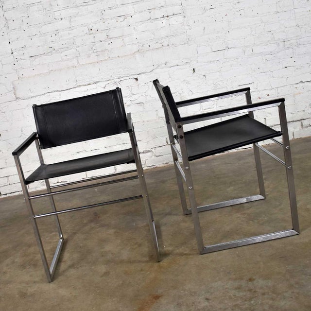 Vintage Chrome & Black Vinyl Faux Leather Sling Director’s Chairs Straight Legs, a Pair For Sale - Image 4 of 13