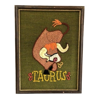 1970s Vintage Taurus the Bull Hand-Embroidered Astrology Artwork For Sale