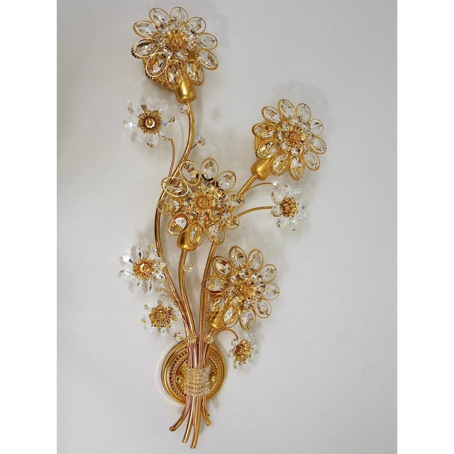 Large Gilt Brass & Crystals Flower Wall Light from Palwa, 1970s For Sale - Image 15 of 17