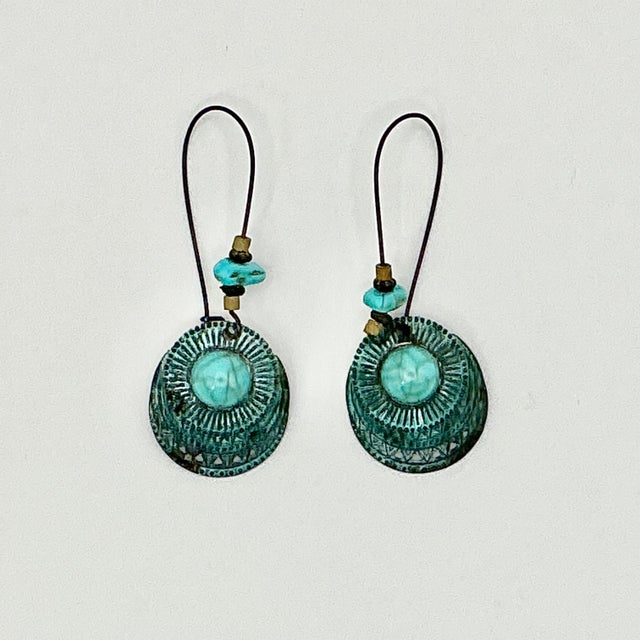 Mexican 1990s Vintage Southwestern Mexican Boho Chic Faux Turquoise & Verdigris Metal Dangle Earrings - A Pair For Sale - Image 3 of 8