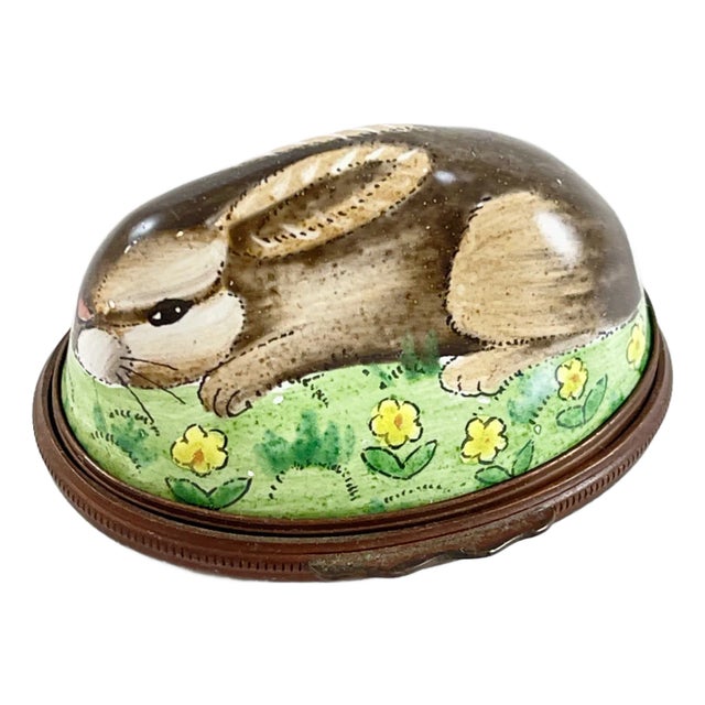 Halcyon Days English Bilston Porcelain Rabbit Trinket Box For Sale