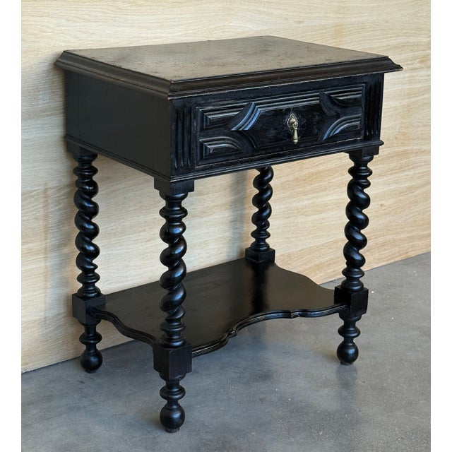1900 - 1909 1900-1909 Dark Walnut Carved Spanish Nightstands With Solomonic Legs and Low Shelve For Sale - Image 5 of 15