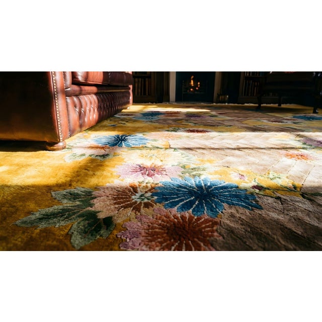 1930s Antique Yellow-Saffron Floral Modern Antique Chinese Art Deco Carpet Rug For Sale - Image 13 of 13
